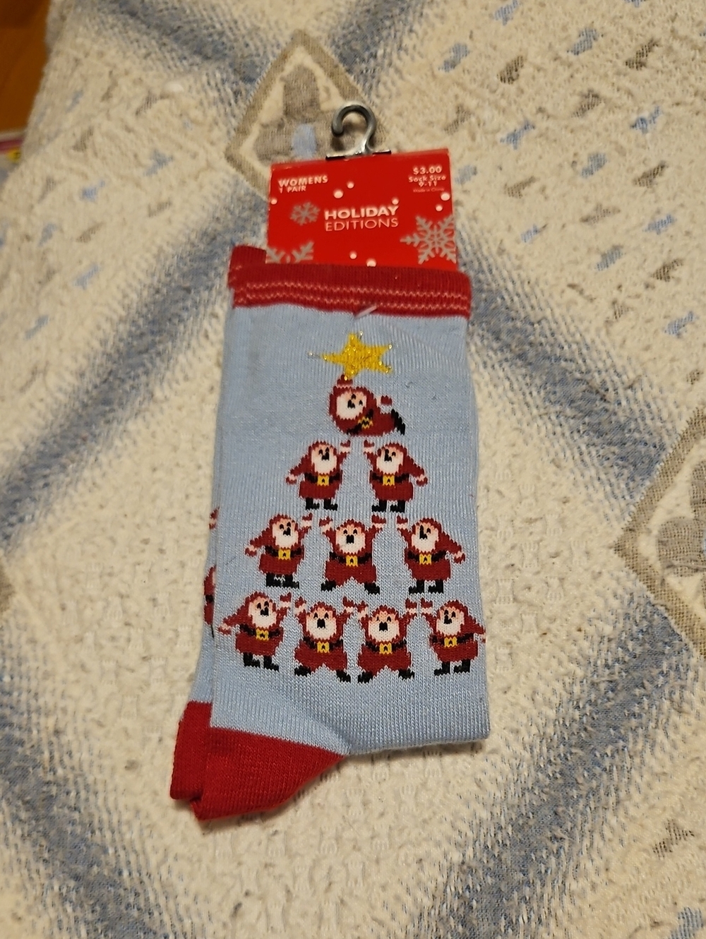 Holiday Editions Light Blue Socks with Santa Pyramid and Red Accents